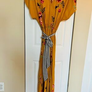 Floral Mustard Jumpsuit with Striped Belt